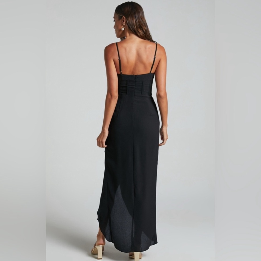 Showpo Andrina Midi Dress - High Low Wrap Corset Dress In Black